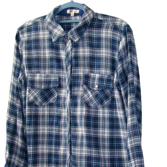 Kut from the Kloth Blue & White Plaid Long Sleeve Snap Front Shirt Size Medium - Picture 3 of 11